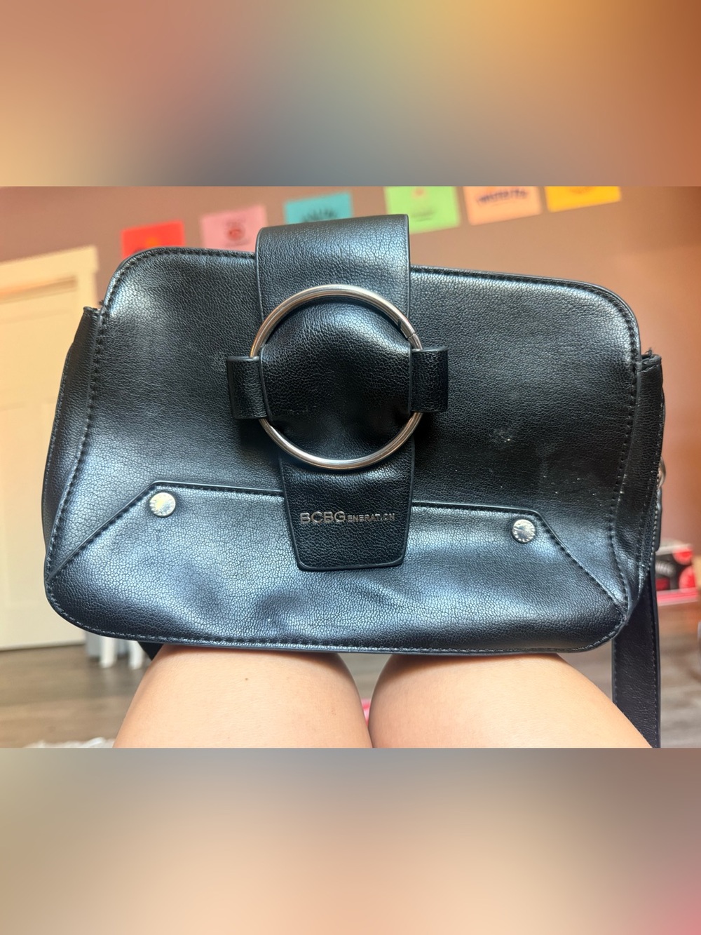 BCBGeneration Black Leather Shoulder Bag Purse with Silver Ring Detail
